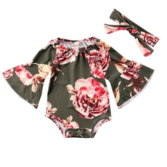 Floral Bell Sleeve Romper and Headband Set - Picture 1 of 6